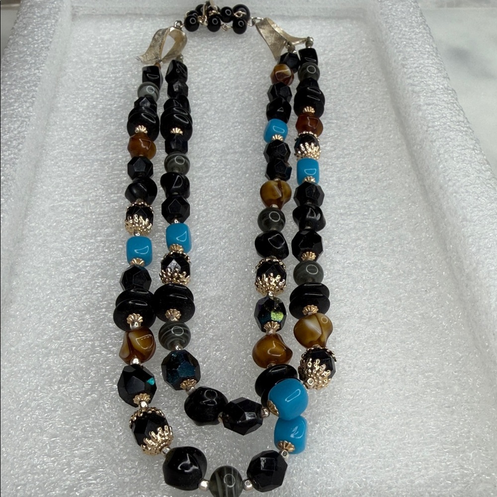 Elegant Vintage Black and Blue Beaded Necklace Japan